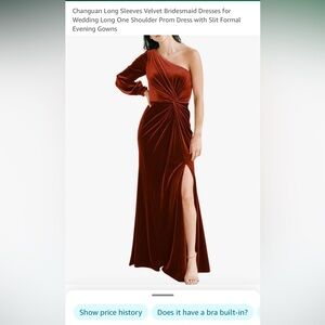 Velvet one sleeve a line dress with slit. Size 4. Burnt orange